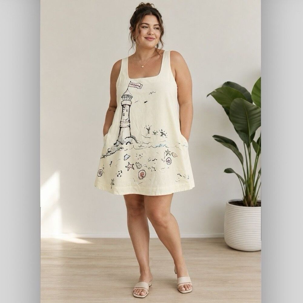Anthropologie Maeve Keiko Mini Dress 1X Yellow Lighthouse Coastal Beach Vacation
